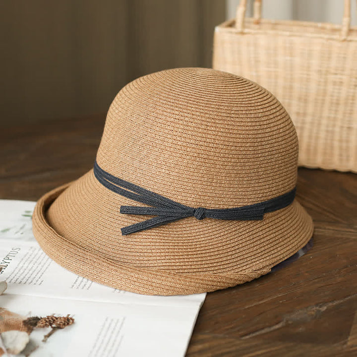 Cappello di paglia pieghevole con tesa arrotolata in stile semplice da donna