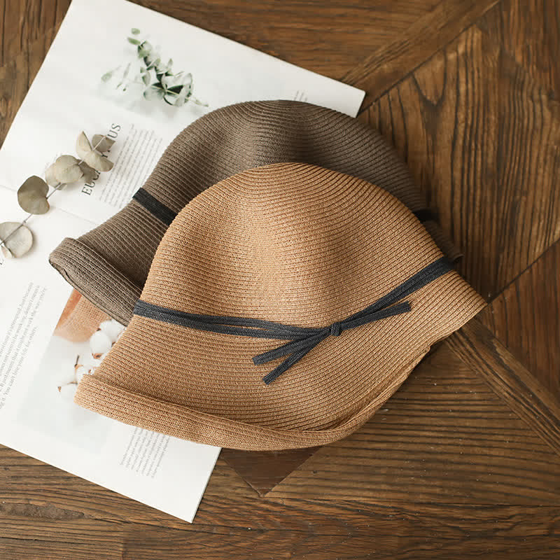 Cappello di paglia pieghevole con tesa arrotolata in stile semplice da donna