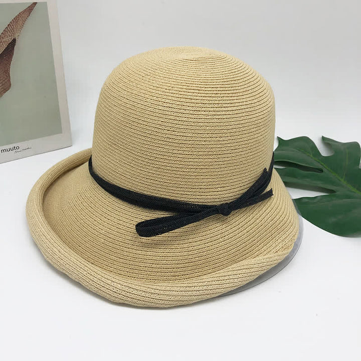 Cappello di paglia pieghevole con tesa arrotolata in stile semplice da donna