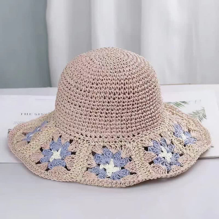 Cappello da donna in paglia pieghevole intrecciato all'uncinetto floreale