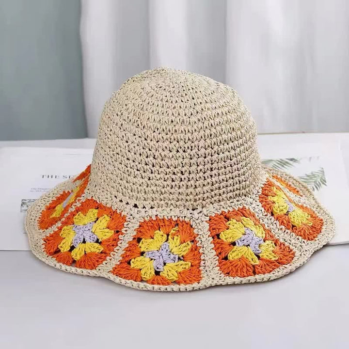 Cappello da donna in paglia pieghevole intrecciato all'uncinetto floreale