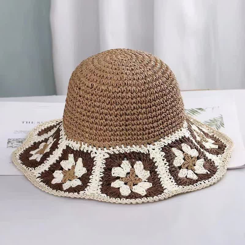 Cappello da donna in paglia pieghevole intrecciato all'uncinetto floreale