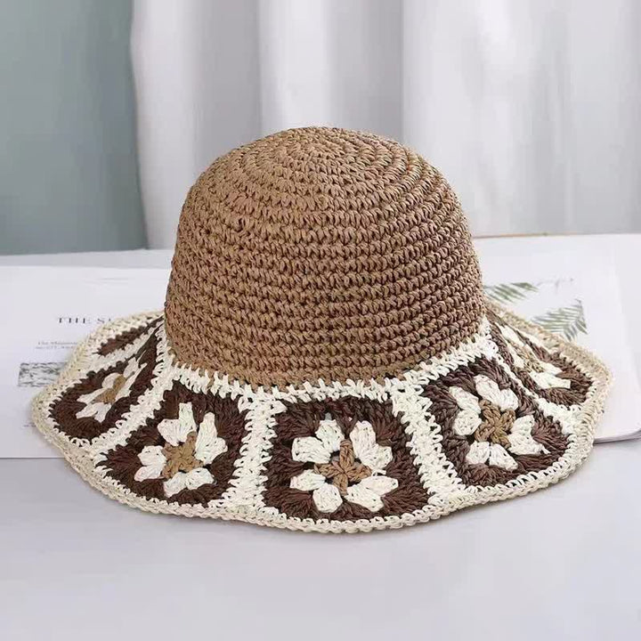 Cappello da donna in paglia pieghevole intrecciato all'uncinetto floreale