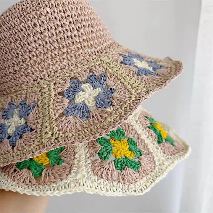 Cappello da donna in paglia pieghevole intrecciato all'uncinetto floreale