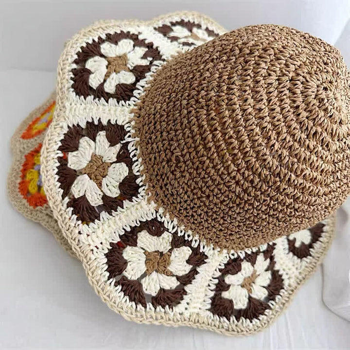 Cappello da donna in paglia pieghevole intrecciato all'uncinetto floreale