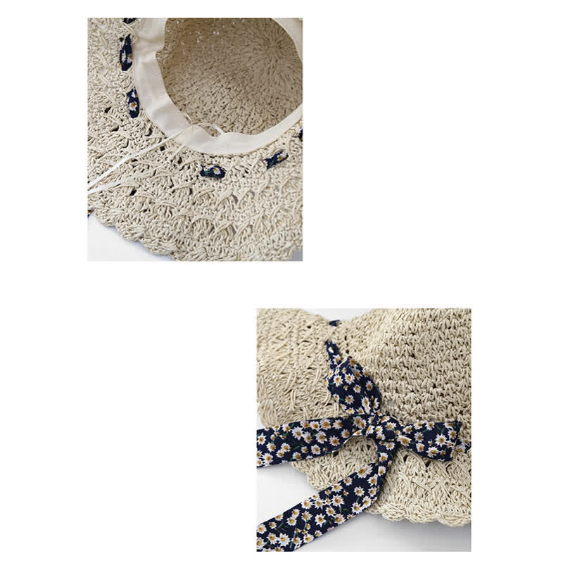 Cappello di paglia pieghevole con decorazione floreale a nastro da donna