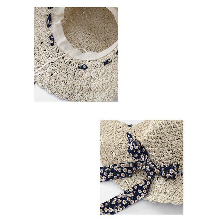 Cappello di paglia pieghevole con decorazione floreale a nastro da donna