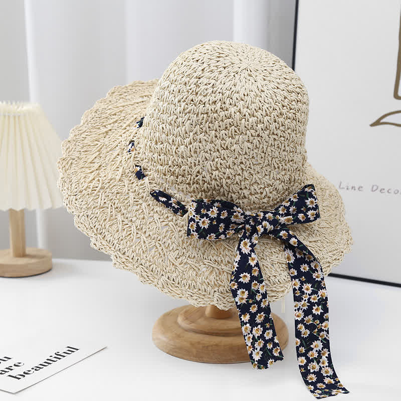 Cappello di paglia pieghevole con decorazione floreale a nastro da donna