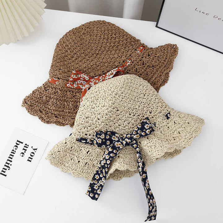Cappello di paglia pieghevole con decorazione floreale a nastro da donna