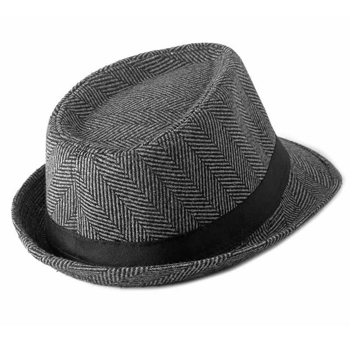 Cappello da uomo Fedora con motivo a spina di pesce e nastro nero