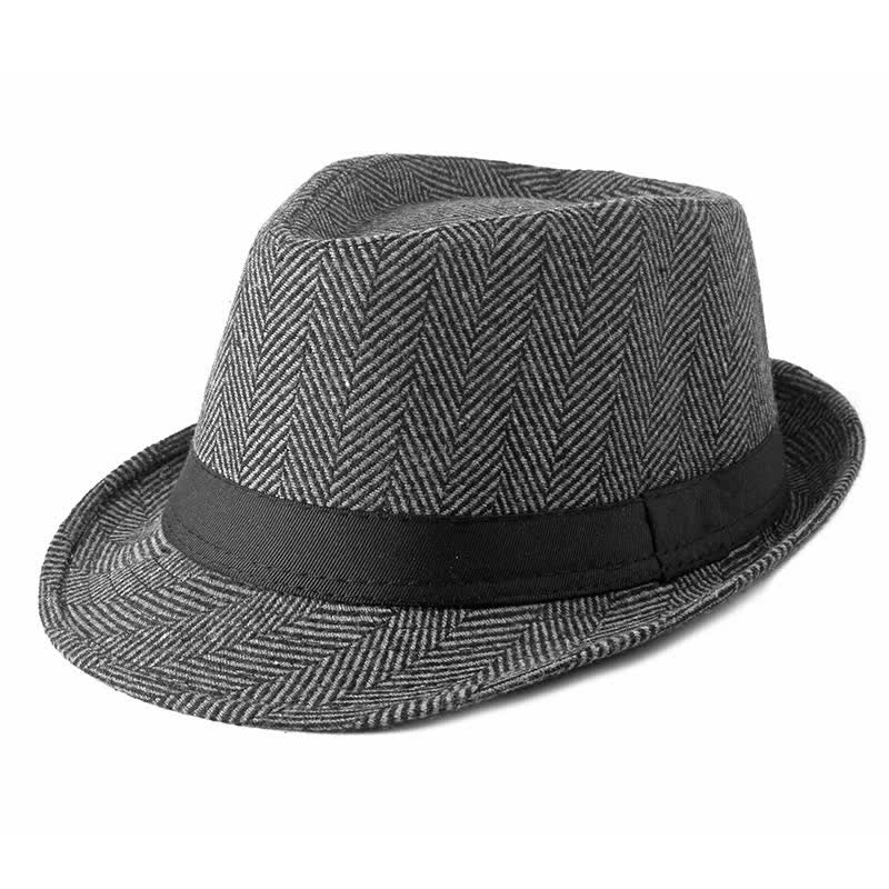 Cappello da uomo Fedora con motivo a spina di pesce e nastro nero