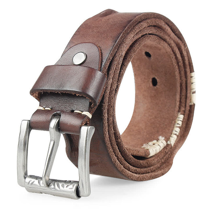 Cintura da uomo in pelle con decoro retrò con linee bianche