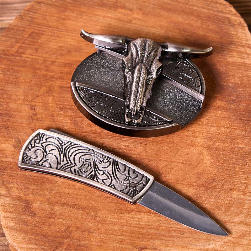 Fibbia per cintura fai da te con coltello nascosto a forma di mucca western con set di anelli per tori