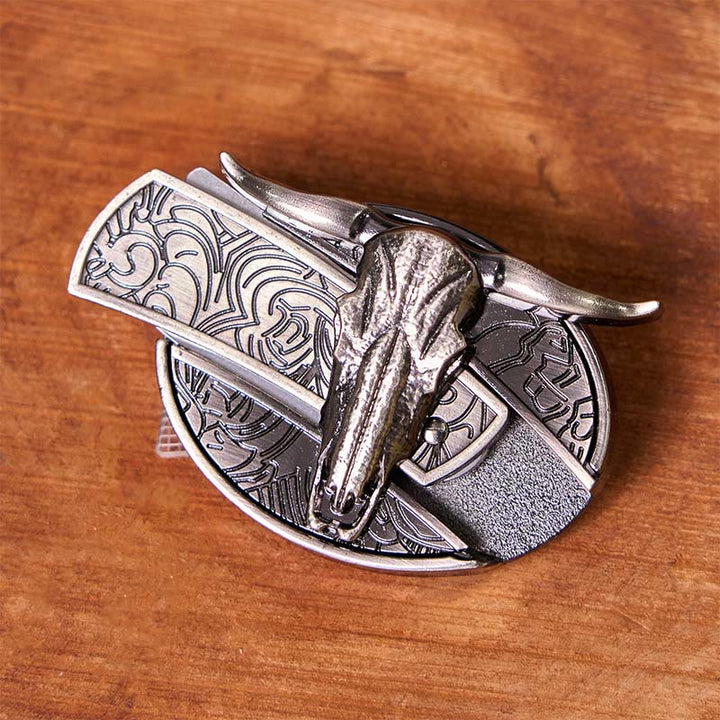 Fibbia per cintura fai da te con coltello nascosto a forma di mucca western con set di anelli per tori