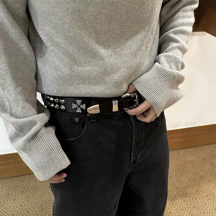 Cintura con motivo a croce di Pasqua, punk, rivetto, cinturino in pelle