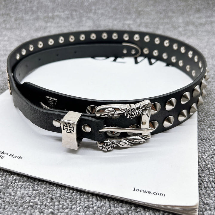 Cintura con motivo a croce di Pasqua, punk, rivetto, cinturino in pelle