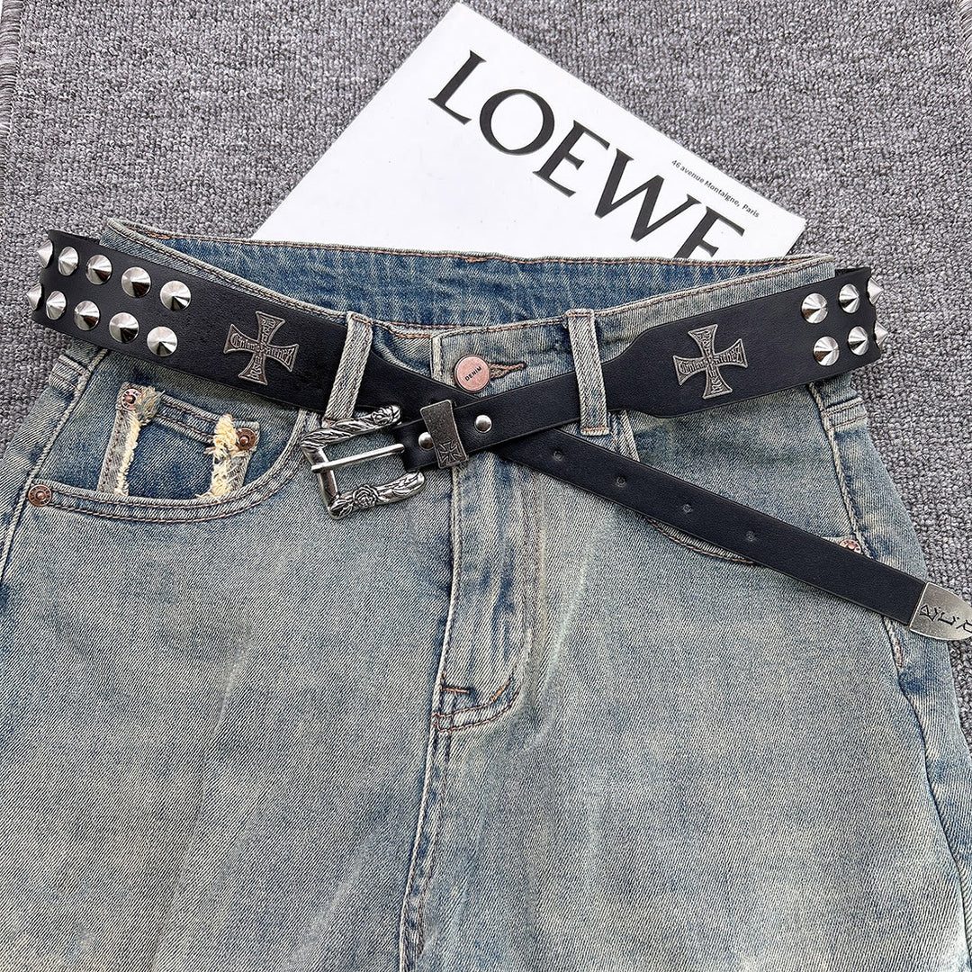 Cintura con motivo a croce di Pasqua, punk, rivetto, cinturino in pelle