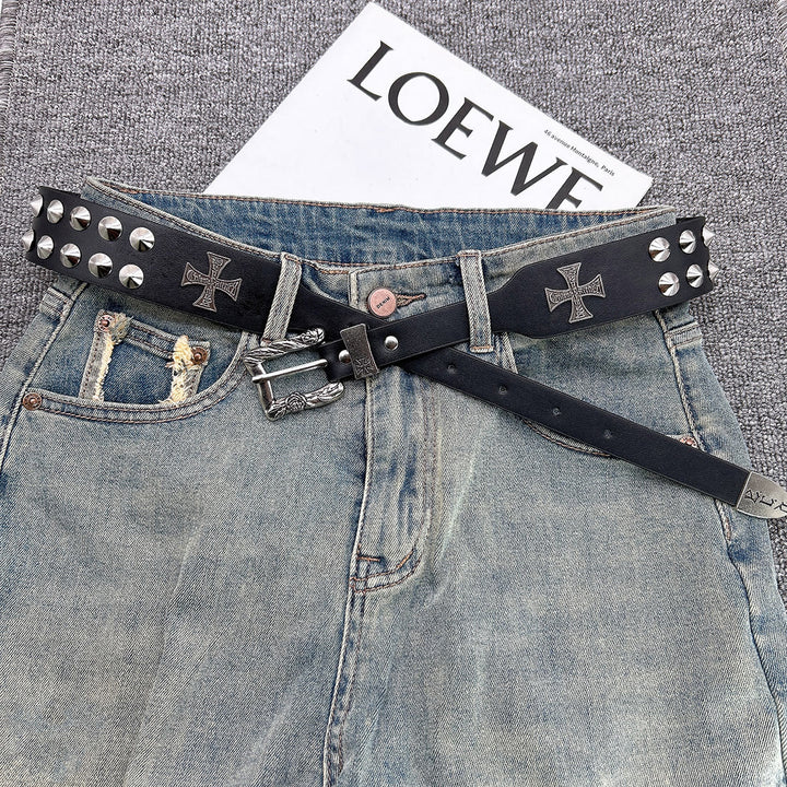 Cintura con motivo a croce di Pasqua, punk, rivetto, cinturino in pelle