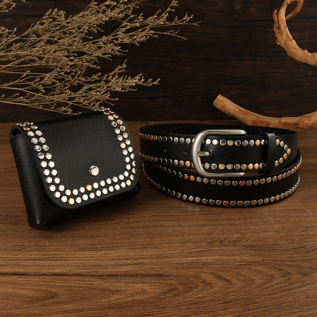 Cintura in pelle nera con rivetto punk da donna, 2 pezzi, con marsupio