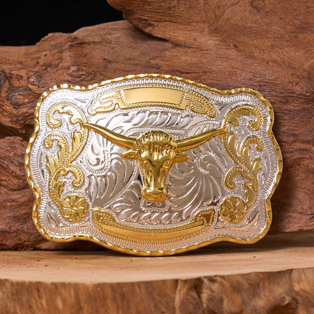 Cintura in pelle con fibbia da cowboy western fai da te con testa di toro d'oro - Testa di Toro d'Oro - Senza cintura - Cintura non inclusa - image 1