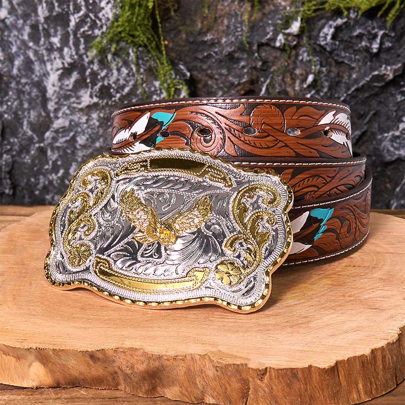 Cintura in pelle con fibbia da cowboy western fai da te con aquila volante dorata - Aquila volante - Cintura di piume marroni - 40 - image 11