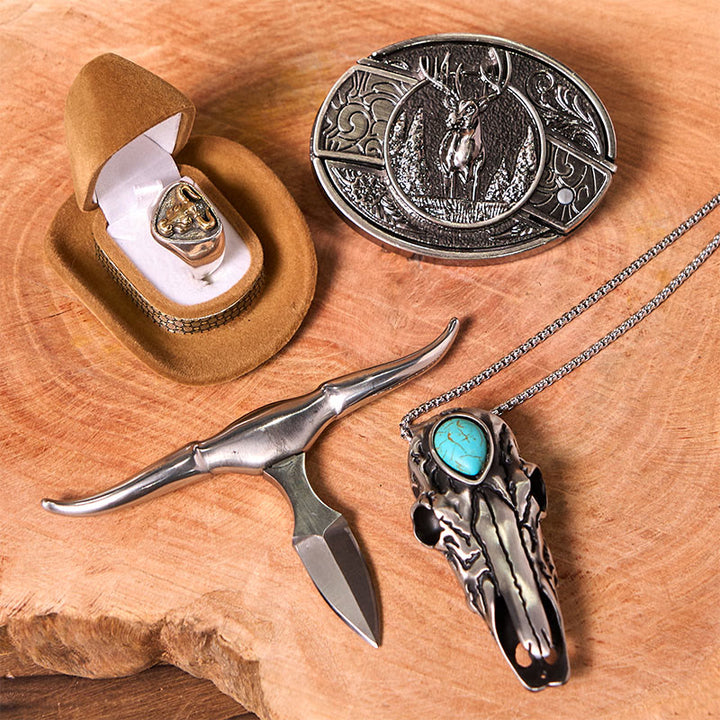 Fibbia per cintura fai da te con coltello nascosto a forma di cervo nella foresta con anello da toro
