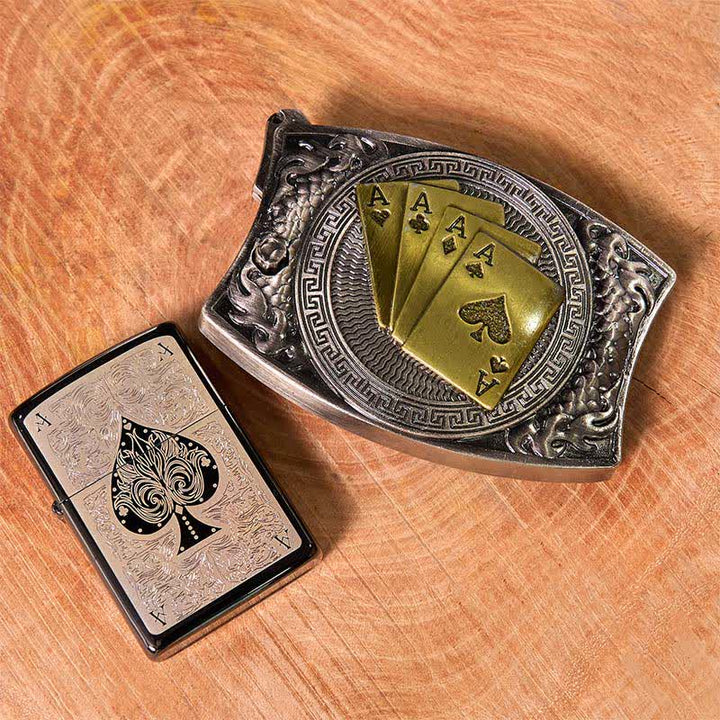 Set di accendini Black Ice con fibbia per cintura fai da te con coltello nascosto Poker Ace