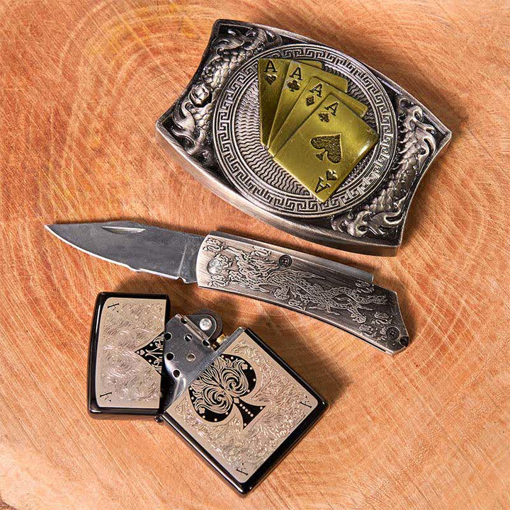 Set di accendini Black Ice con fibbia per cintura fai da te con coltello nascosto Poker Ace