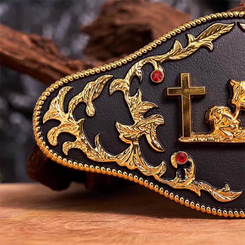 Cintura in pelle con fibbia grande fai da te a forma di croce nera e oro - image 5