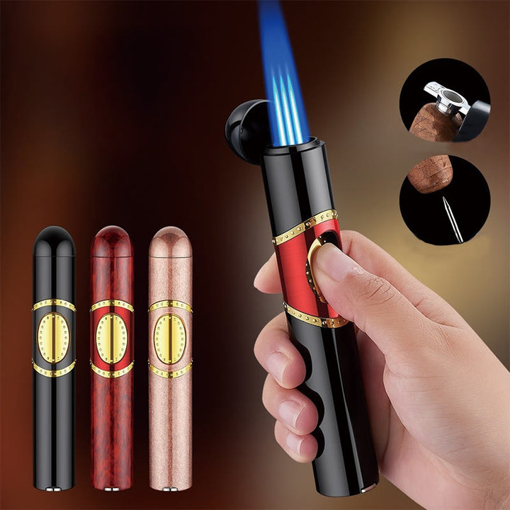 Accendino 3 in 1 a triplo bruciatore con perforatore per sigari e fa per sigari integrati