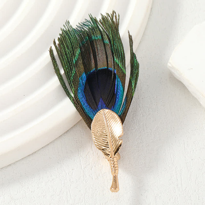 Spilla unisex con piuma artificiale blu-verde di pavone