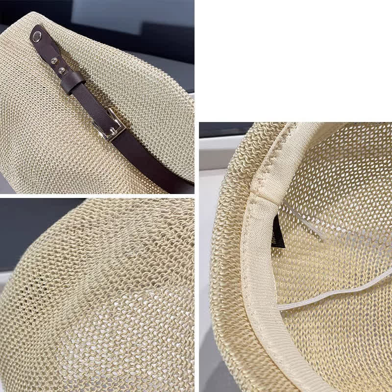 Cappello da spiaggia in paglia con decorazione in pelle intrecciata da donna