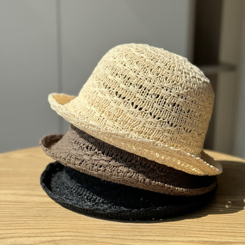 Cappello da pescatore in paglia traspirante con bordo arrotolato unisex
