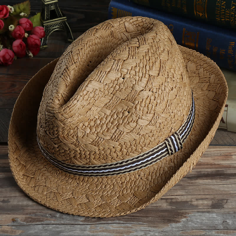Cappello unisex Boho Beach lavorato a mano in paglia estivo Fedora