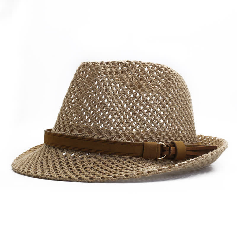 Cappello da uomo in paglia Fedora intrecciata a mano con fascia traforata