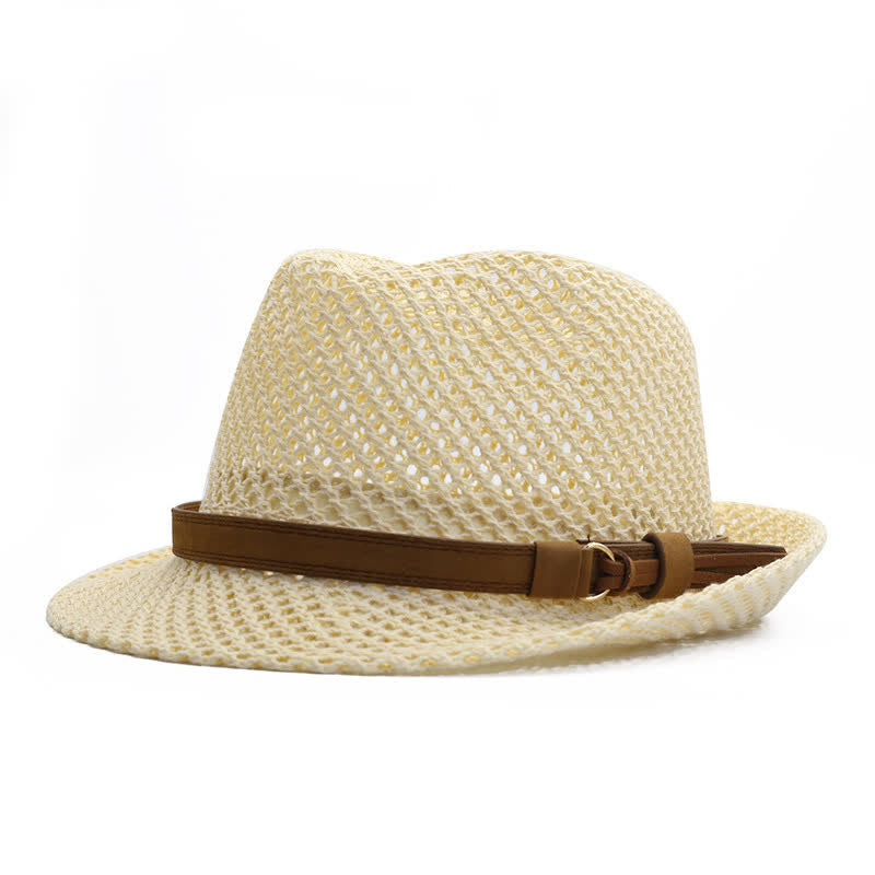 Cappello da uomo in paglia Fedora intrecciata a mano con fascia traforata