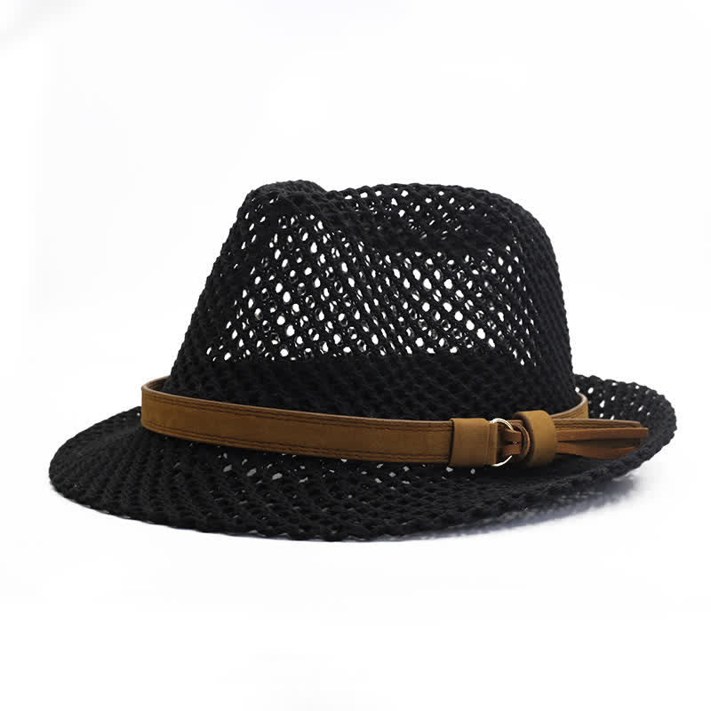Cappello da uomo in paglia Fedora intrecciata a mano con fascia traforata