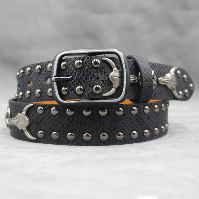 Cintura in pelle stampata con testa di toro argentata e rivetto in pelle di serpente nero