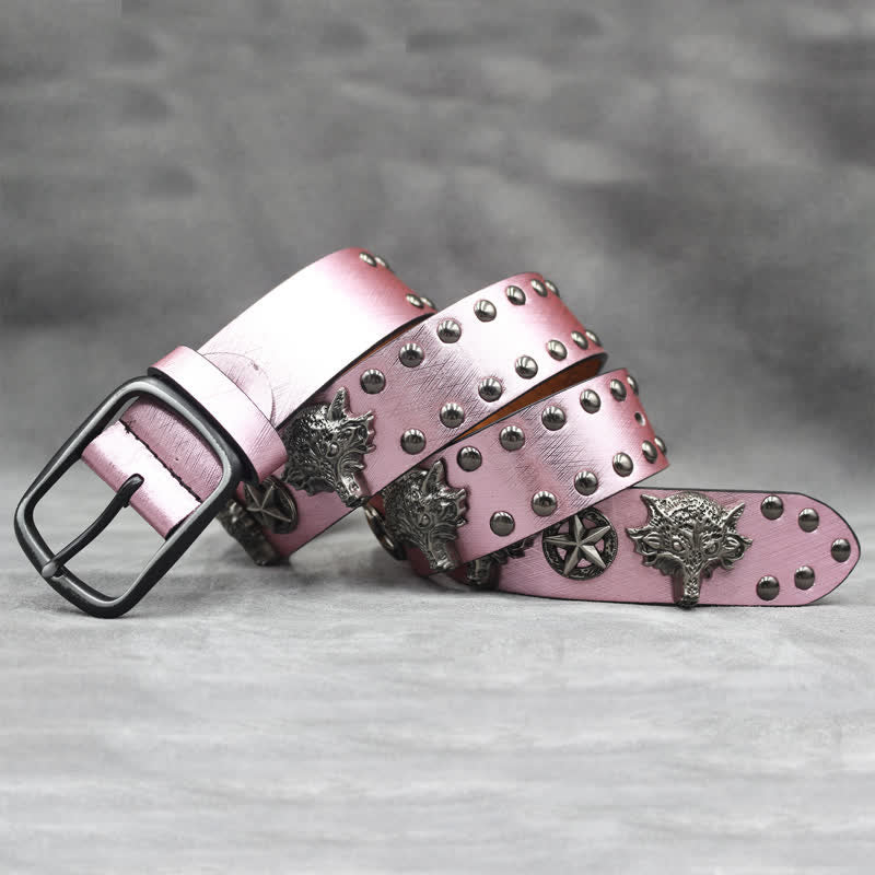 Cintura in pelle stampata in pelle di serpente nera con rivetto a testa di lupo in argento antico