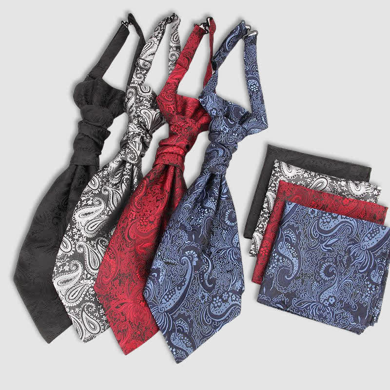 2 pezzi cravatta con nodo a rughe Paisley pre-annodato da uomo e fazzoletto da taschino