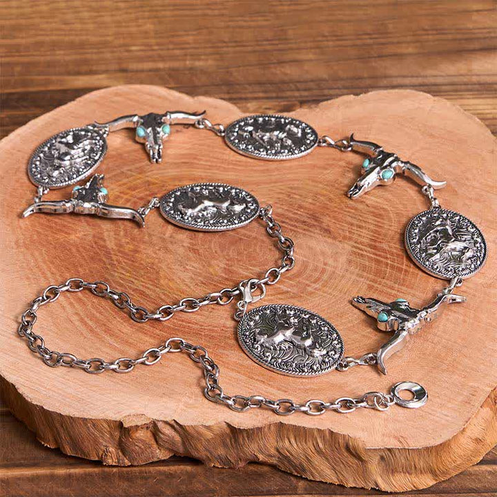 Cintura da donna con catena da cintura concho western in finto turchese con testa di toro