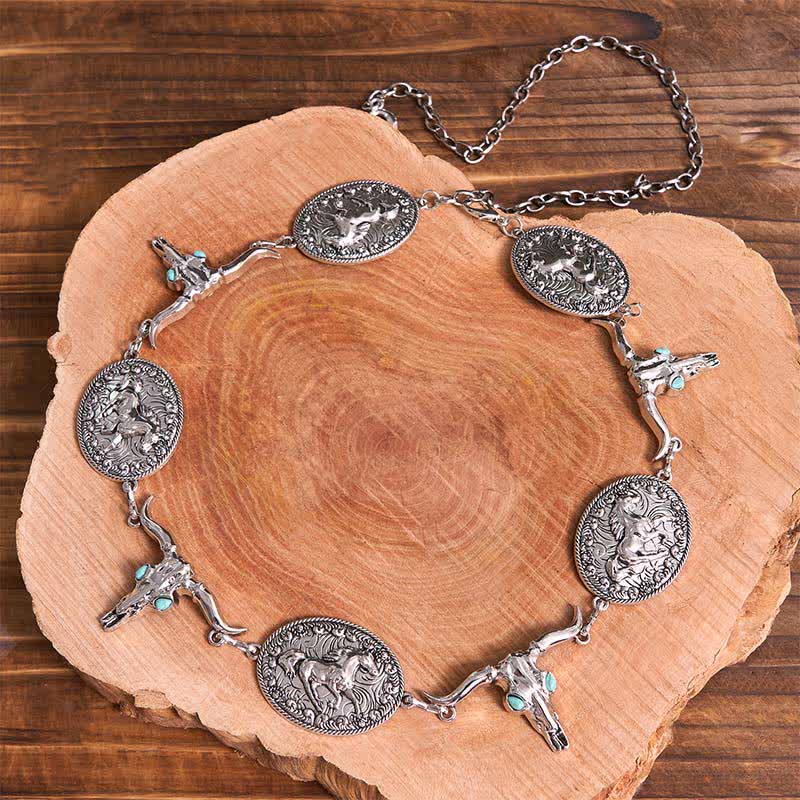 Cintura da donna con catena da cintura concho western in finto turchese con testa di toro