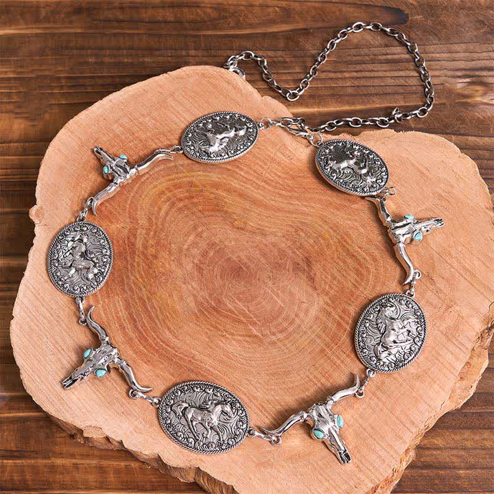 Cintura da donna con catena da cintura concho western in finto turchese con testa di toro