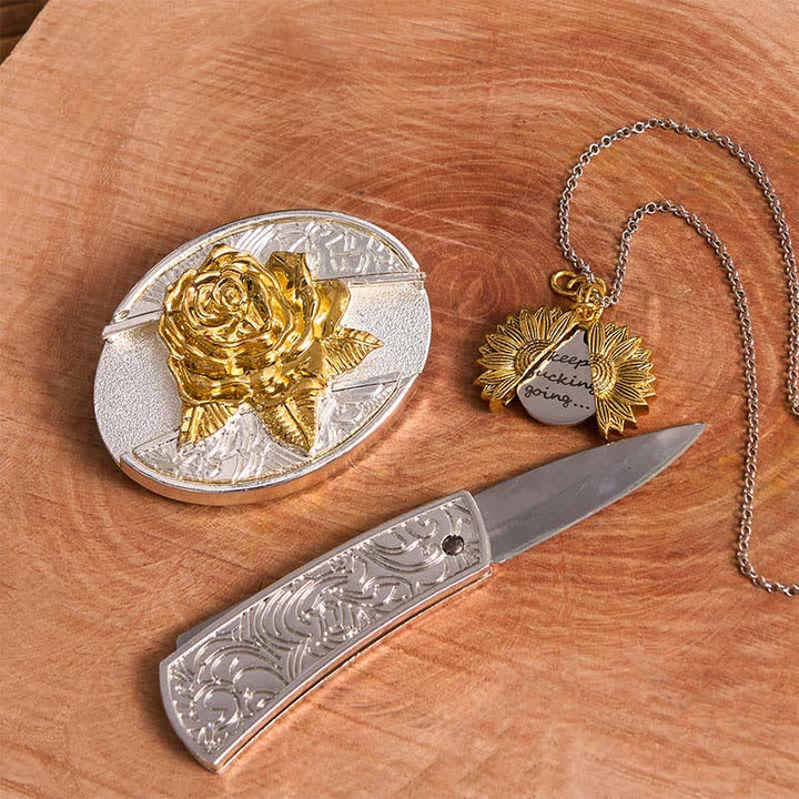 Set di collana con girasole e fibbia per cintura con coltello nascosto a forma di rosa, fai da te, in oro e argento