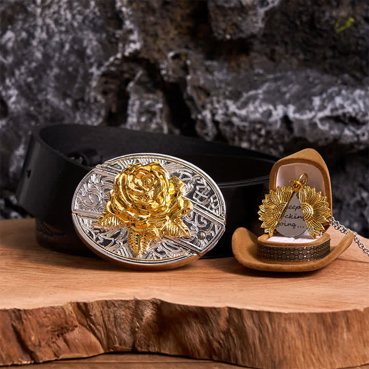 Set di collana con girasole e fibbia per cintura con coltello nascosto a forma di rosa, fai da te, in oro e argento