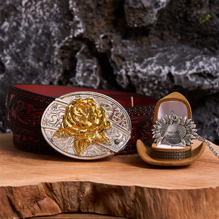 Set di collana con girasole e fibbia per cintura con coltello nascosto a forma di rosa, fai da te, in oro e argento
