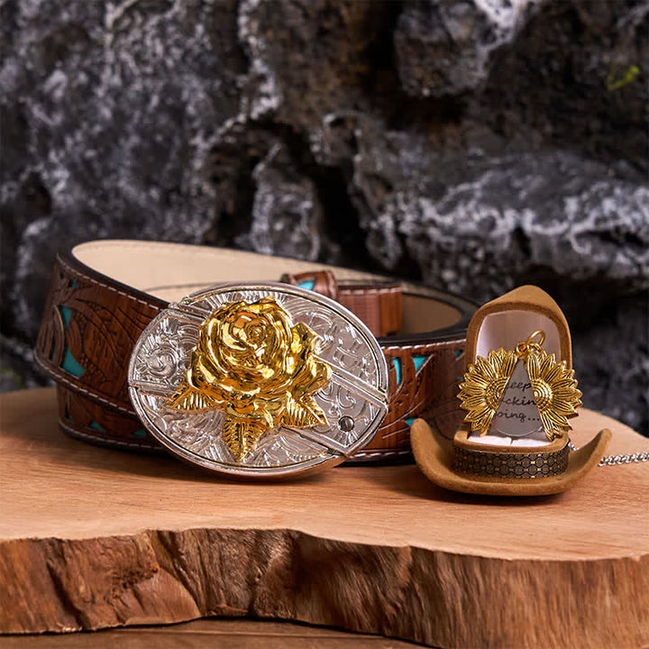 Set di collana con girasole e fibbia per cintura con coltello nascosto a forma di rosa, fai da te, in oro e argento