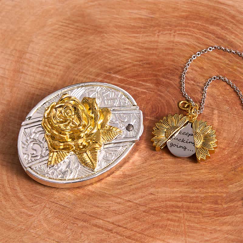 Set di collana con girasole e fibbia per cintura con coltello nascosto a forma di rosa, fai da te, in oro e argento