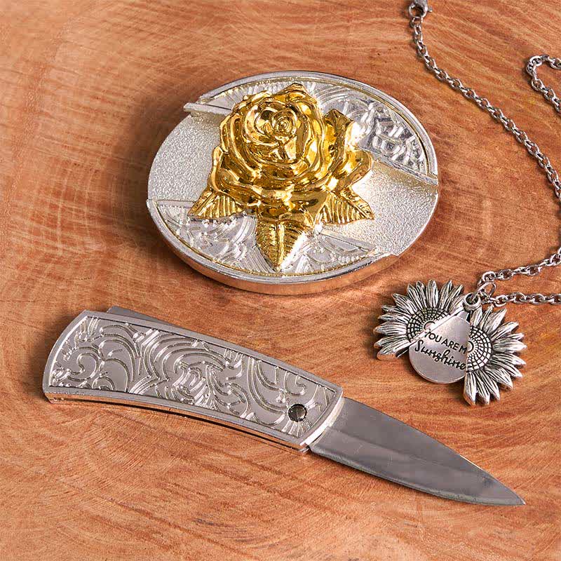 Set di collana con girasole e fibbia per cintura con coltello nascosto a forma di rosa, fai da te, in oro e argento