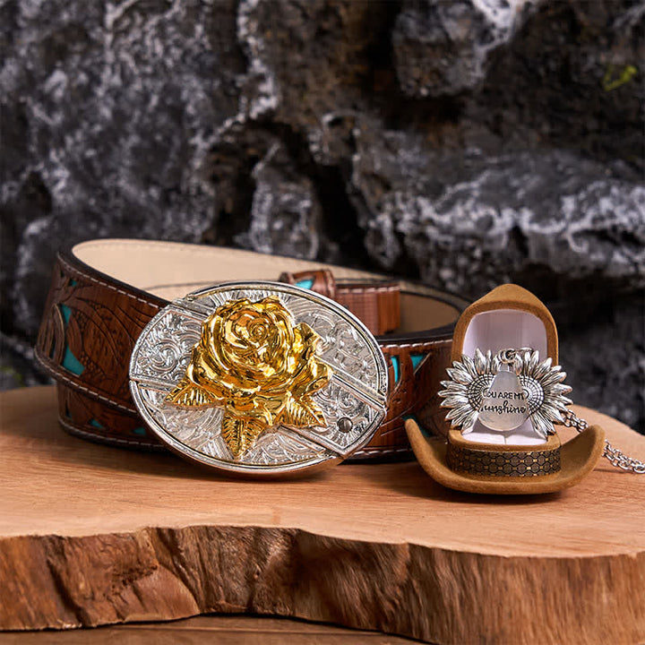 Set di collana con girasole e fibbia per cintura con coltello nascosto a forma di rosa, fai da te, in oro e argento